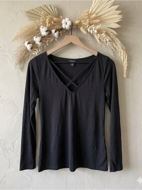 Halogen Criss Cross V-Neck Long Sleeve Top Black Medium NWOT